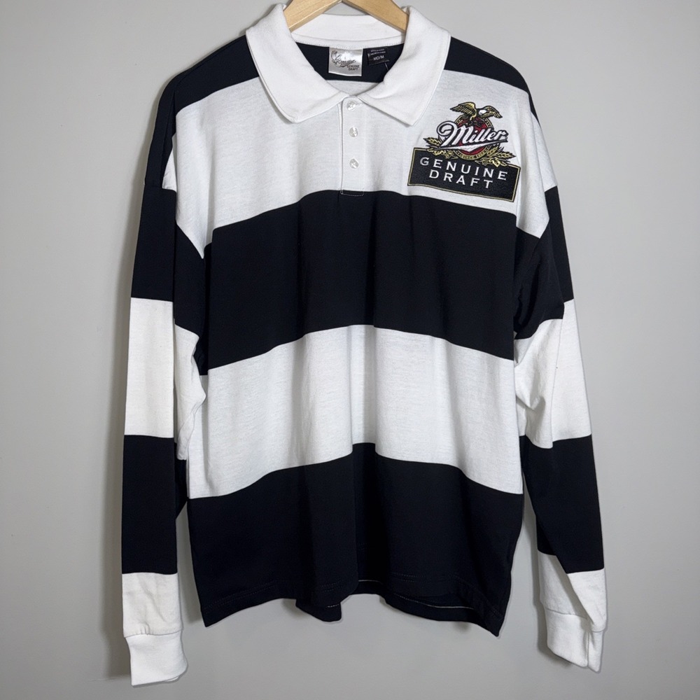 NWT Miller Genuine Draft Rugby Polo‎ Black & White Men's Size Medium Embroidered
